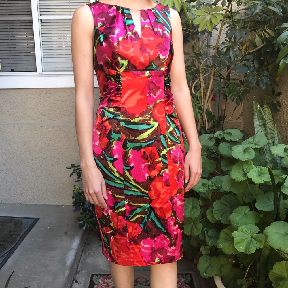 Kay Unger Red and Green Midi Dress